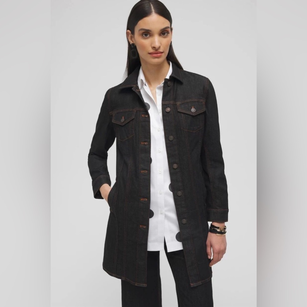 Denim Jacket, Long-length Dark Wash, Classic Button down with pockets, Medium.
